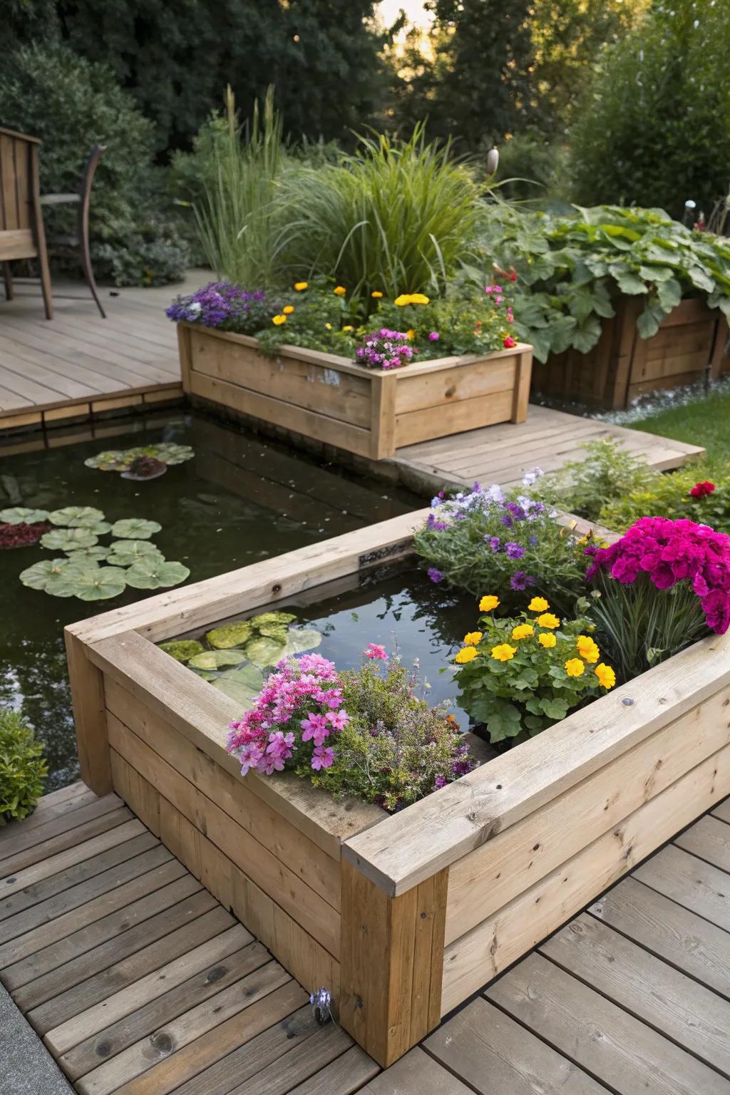 Floating planters bring movement and color to your pond.