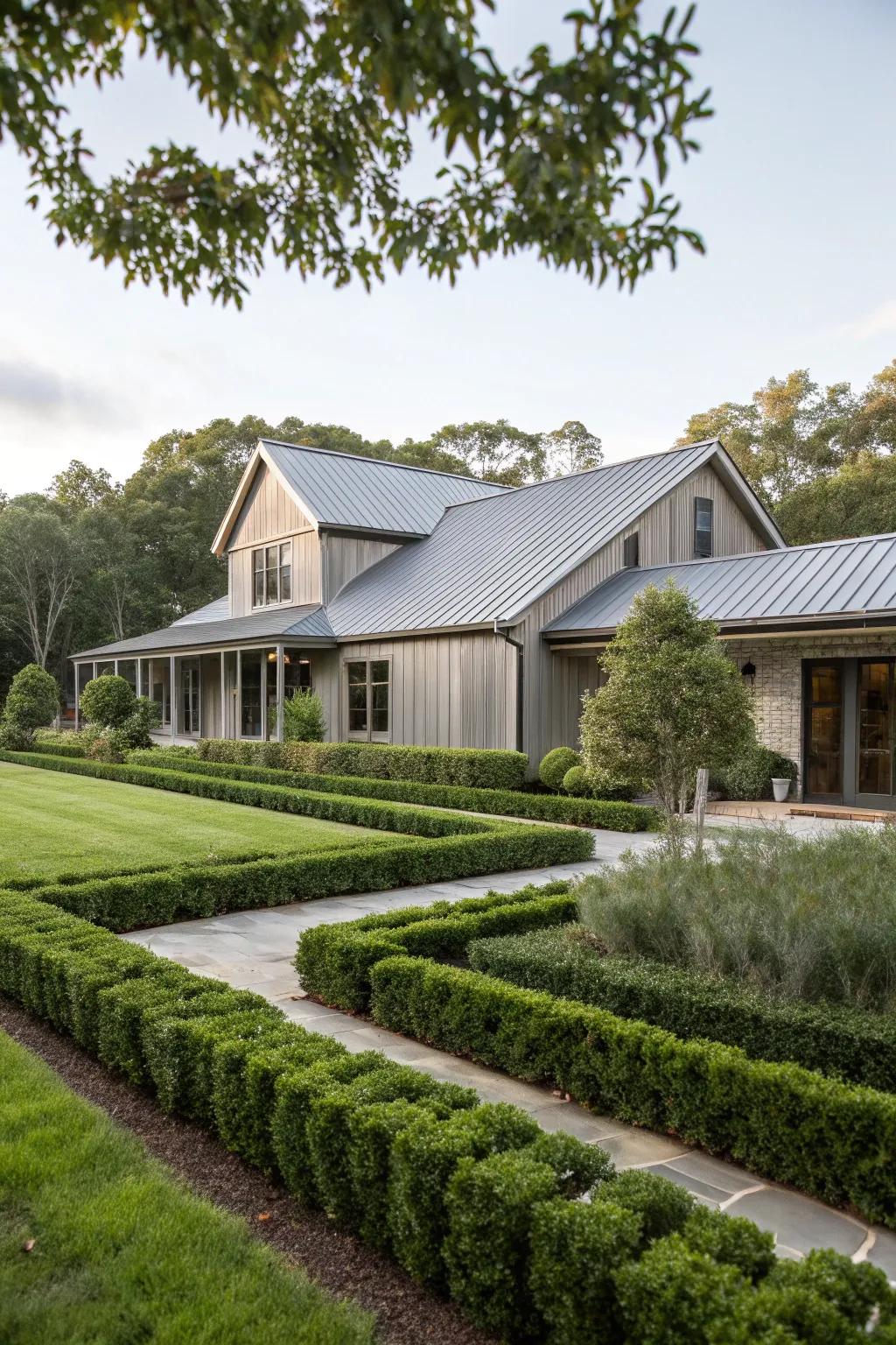 Metal accents add a modern touch to this ranch house.