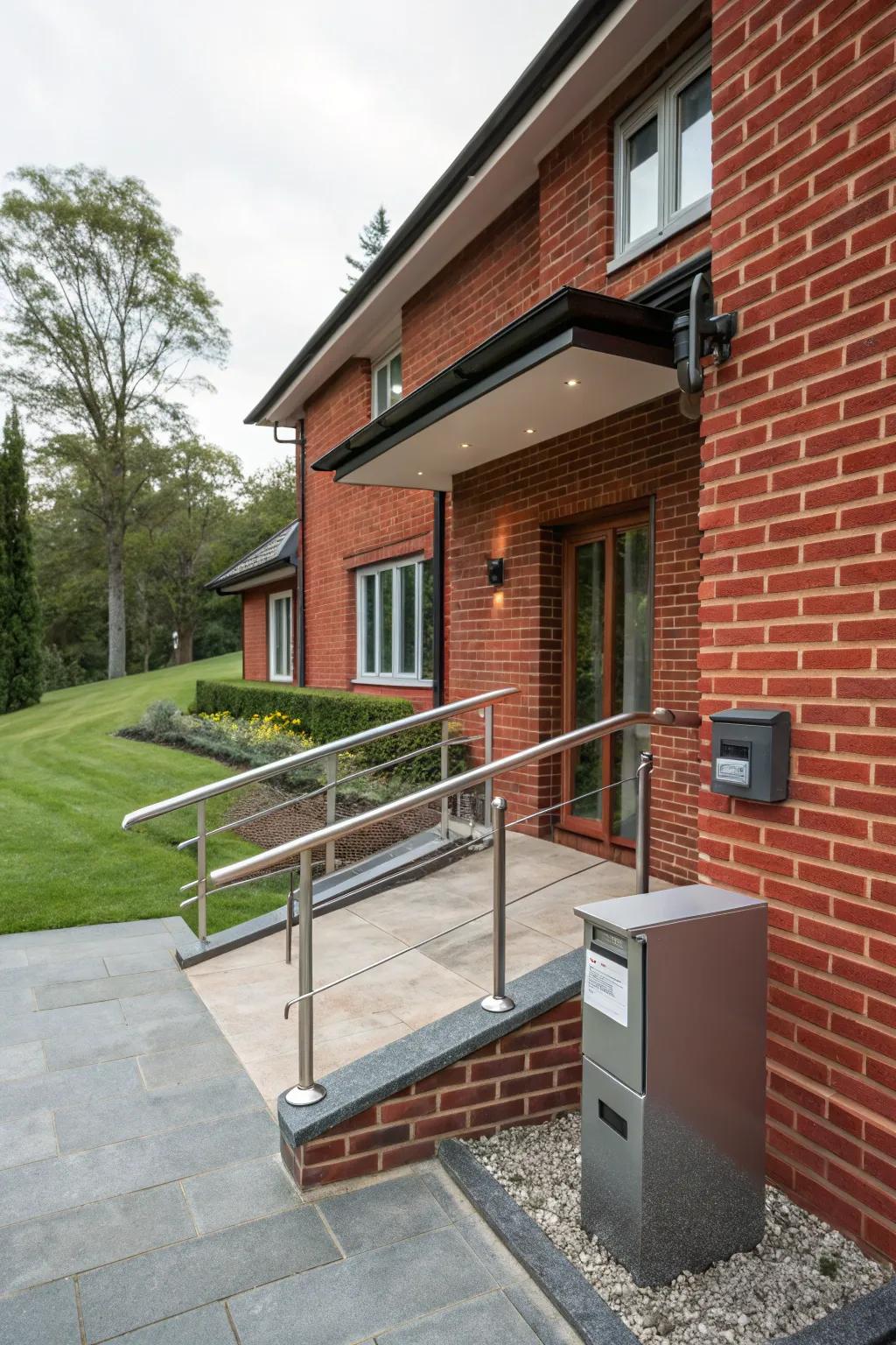 Metal accents add a modern edge to this red brick house.