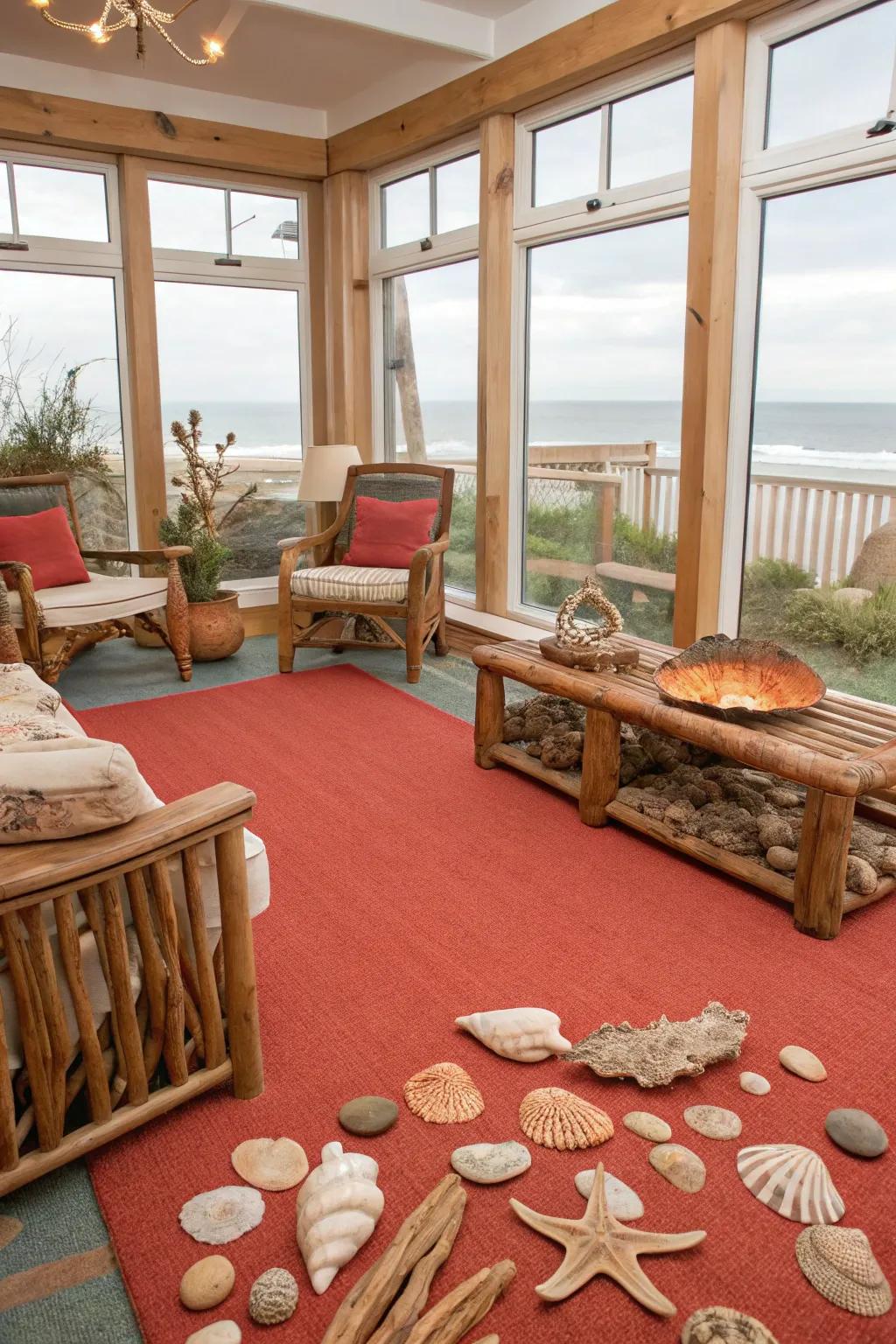 A coral red carpet brings a unique coastal theme to life.