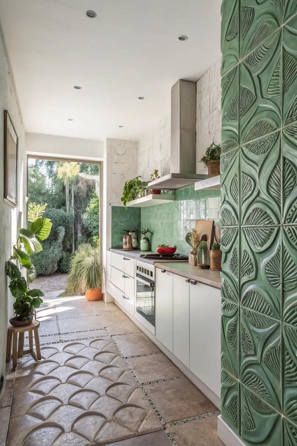 Botanical relief tiles bring a refreshing vibe to the kitchen.