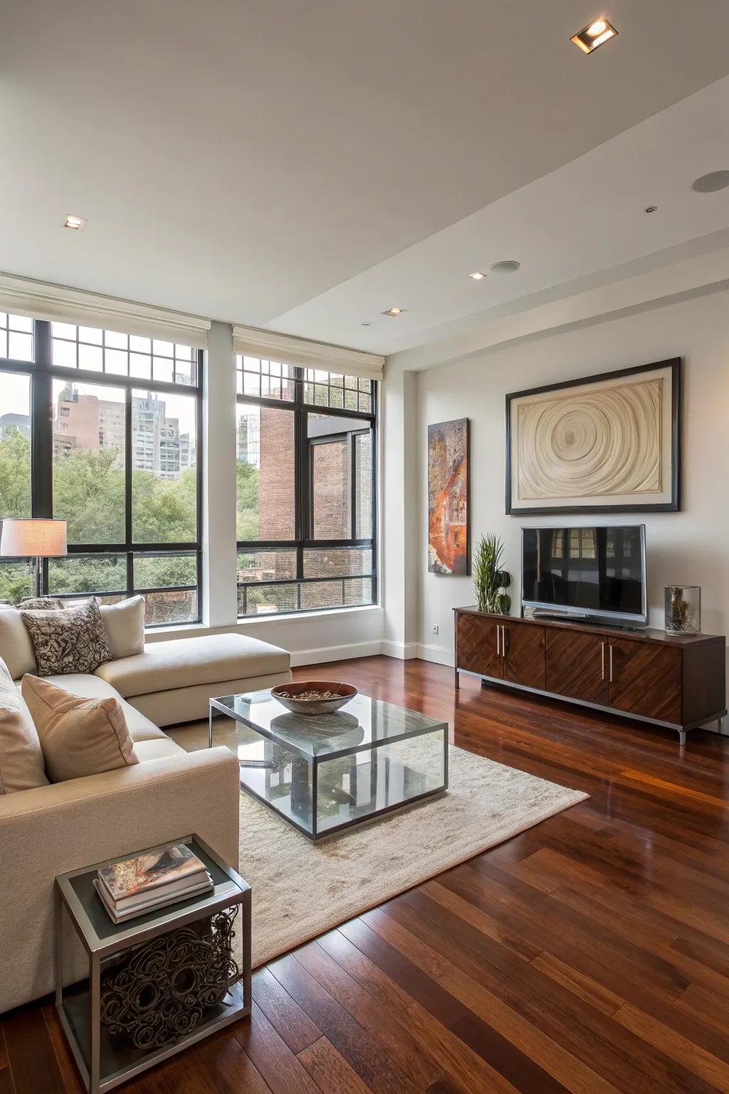 A sleek living area enhanced by polished hardwood floors.