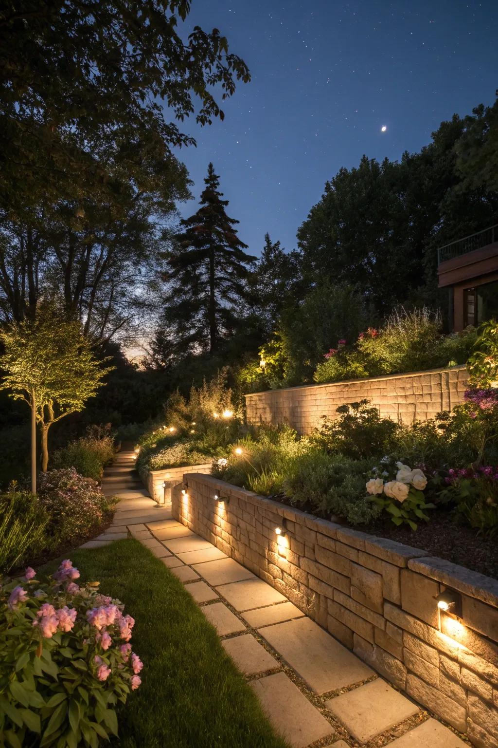 Lighting accents add drama and safety to retaining walls.