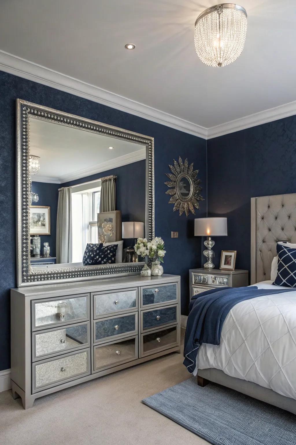 Mirrored accents reflect light and add a touch of glamour.