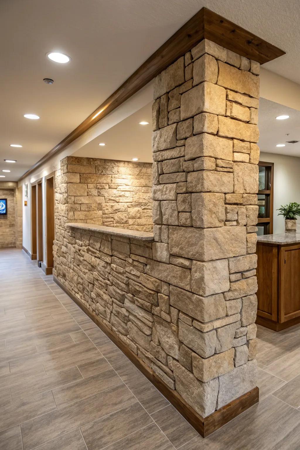 An interior space with a textured stone half wall providing depth and interest.