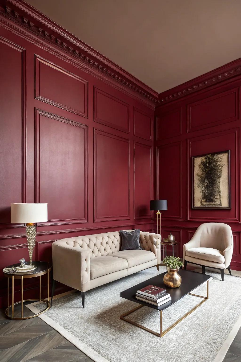 A room with bold wall colors adding drama and sophistication.