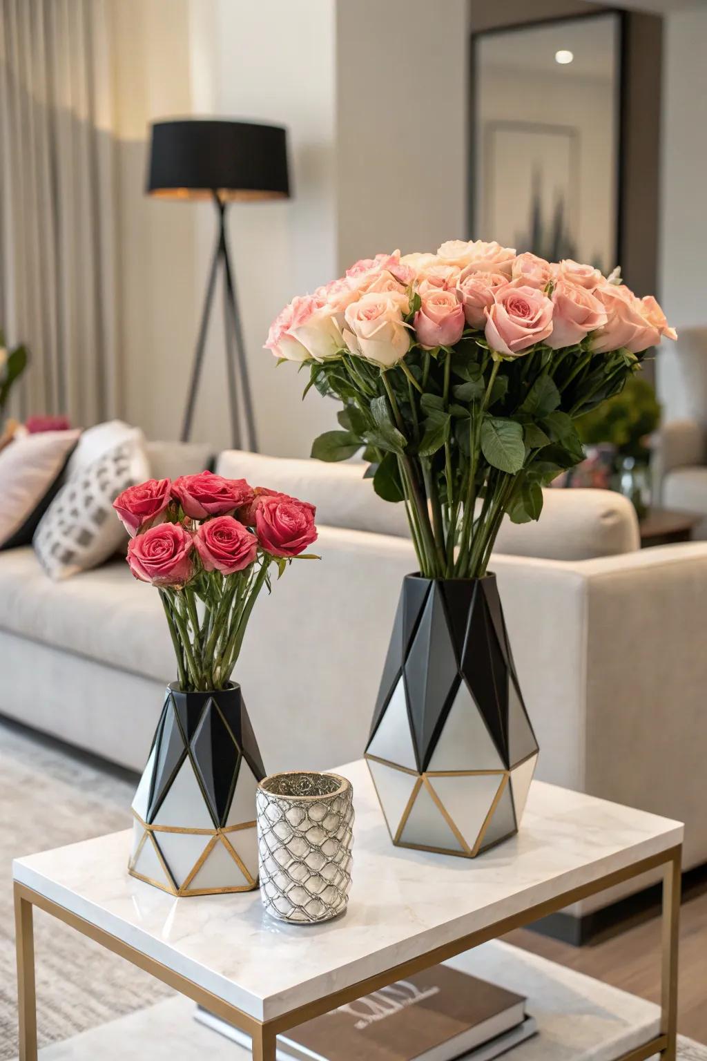 Modern twist with roses in geometric vases.