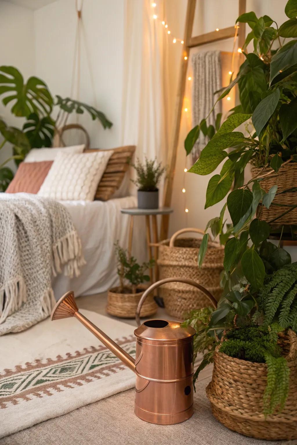 A boho plant corner with a touch of rose gold elegance.