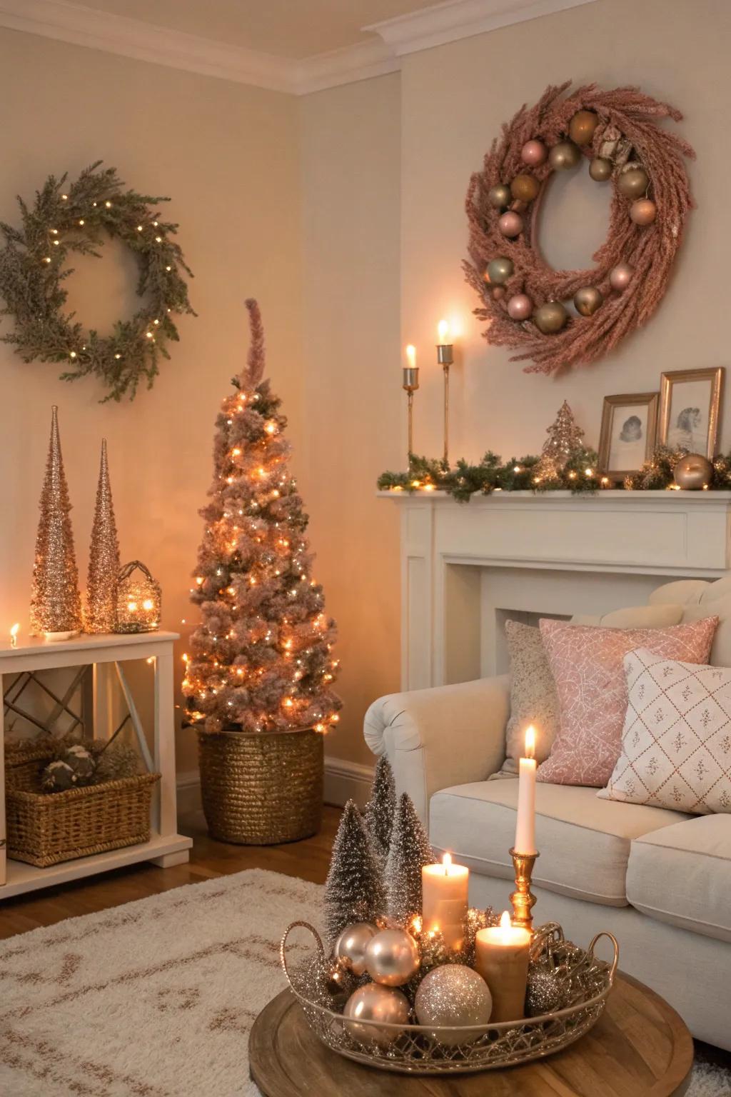 Seasonal touches in rose gold refresh the living room.