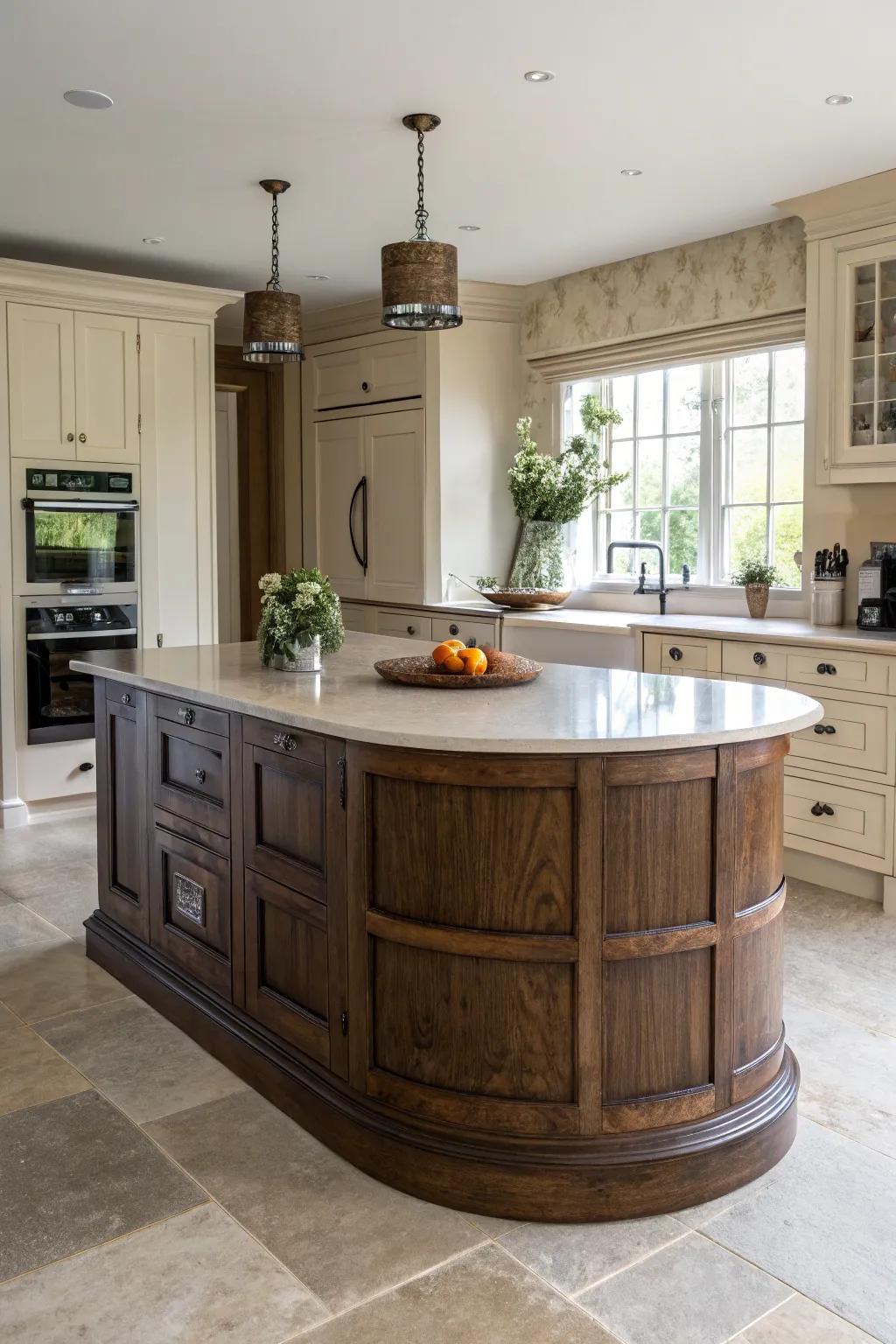 Unique shapes add an avant-garde flair to a round kitchen island.