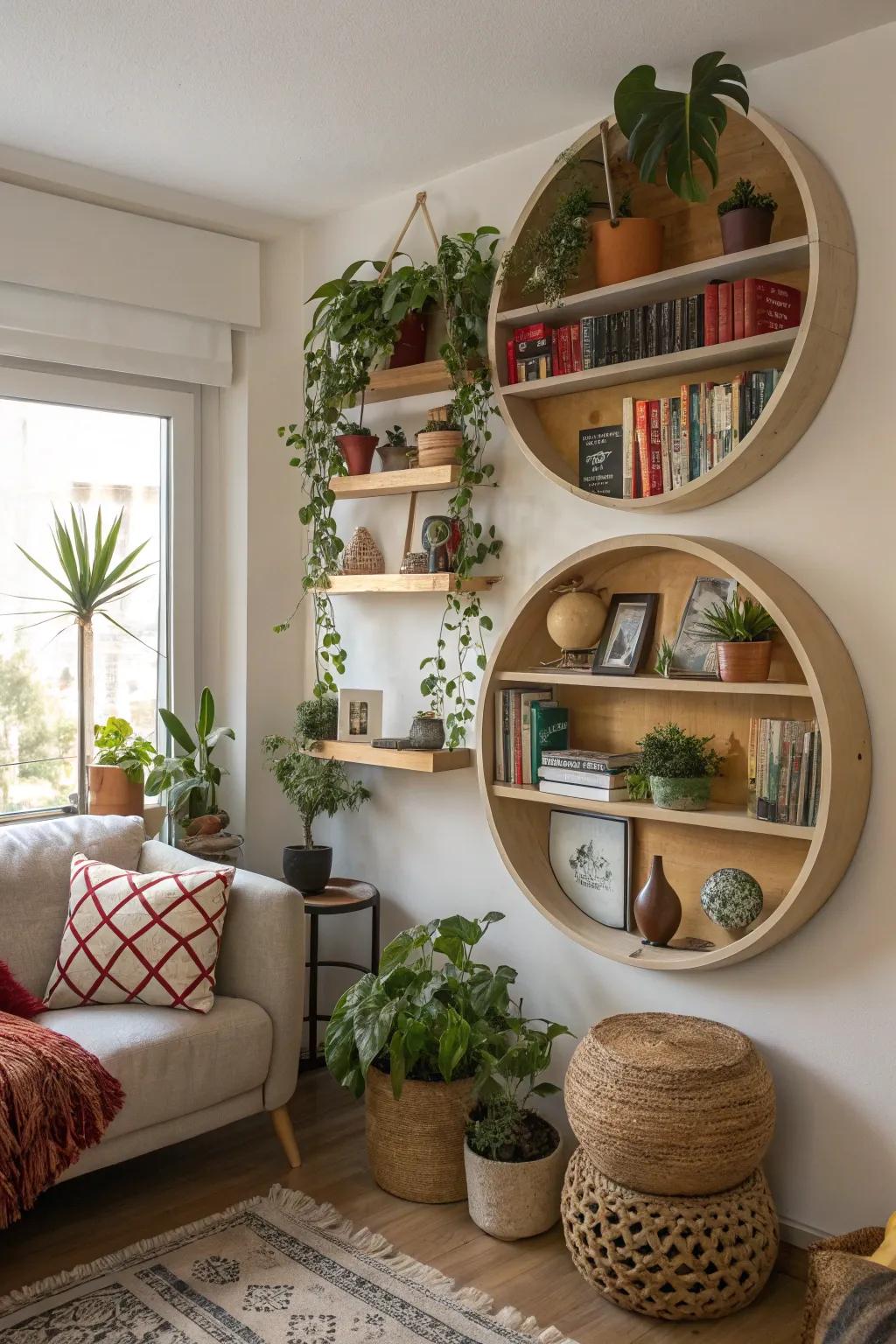 Living room with functional round shelves displaying decor items.