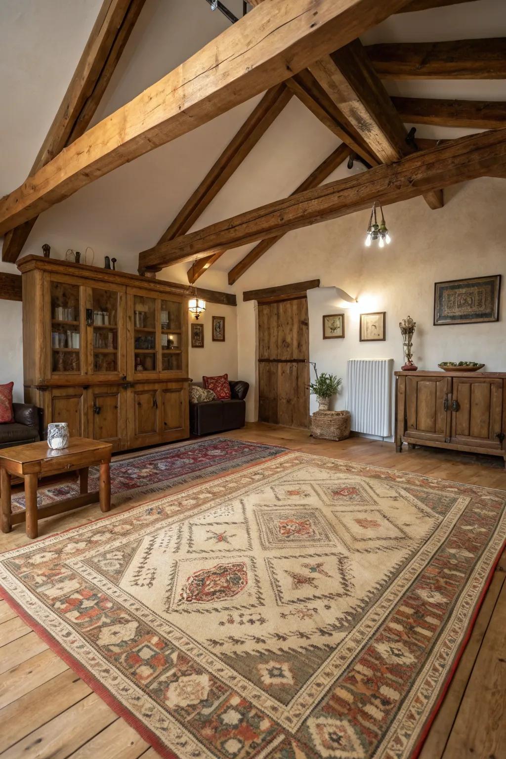 A vintage rug adds warmth and texture to this rustic space.