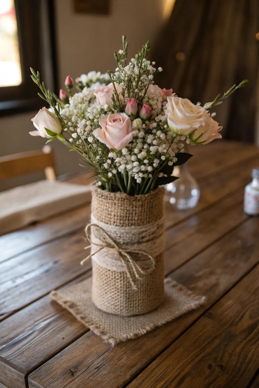 Burlap-wrapped vases add texture and rustic charm.