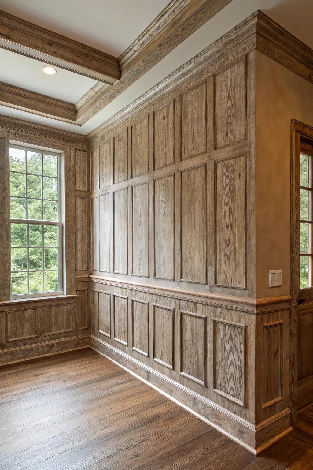 Layered textures in wainscoting add depth and richness.