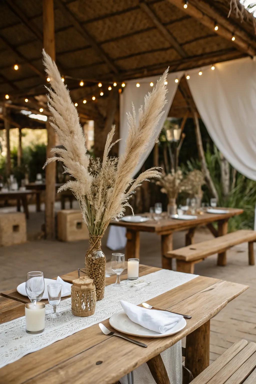 Elegant pampas grass adding height and texture to the table decor.