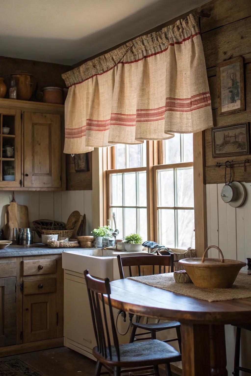 A farmhouse-style kitchen featuring a valance made from a vintage grain sack, adding rustic charm.