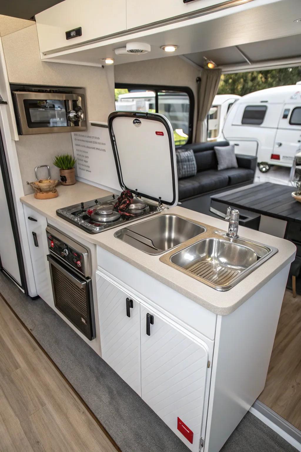 A hob/sink combo unit for compact cooking in an RV.