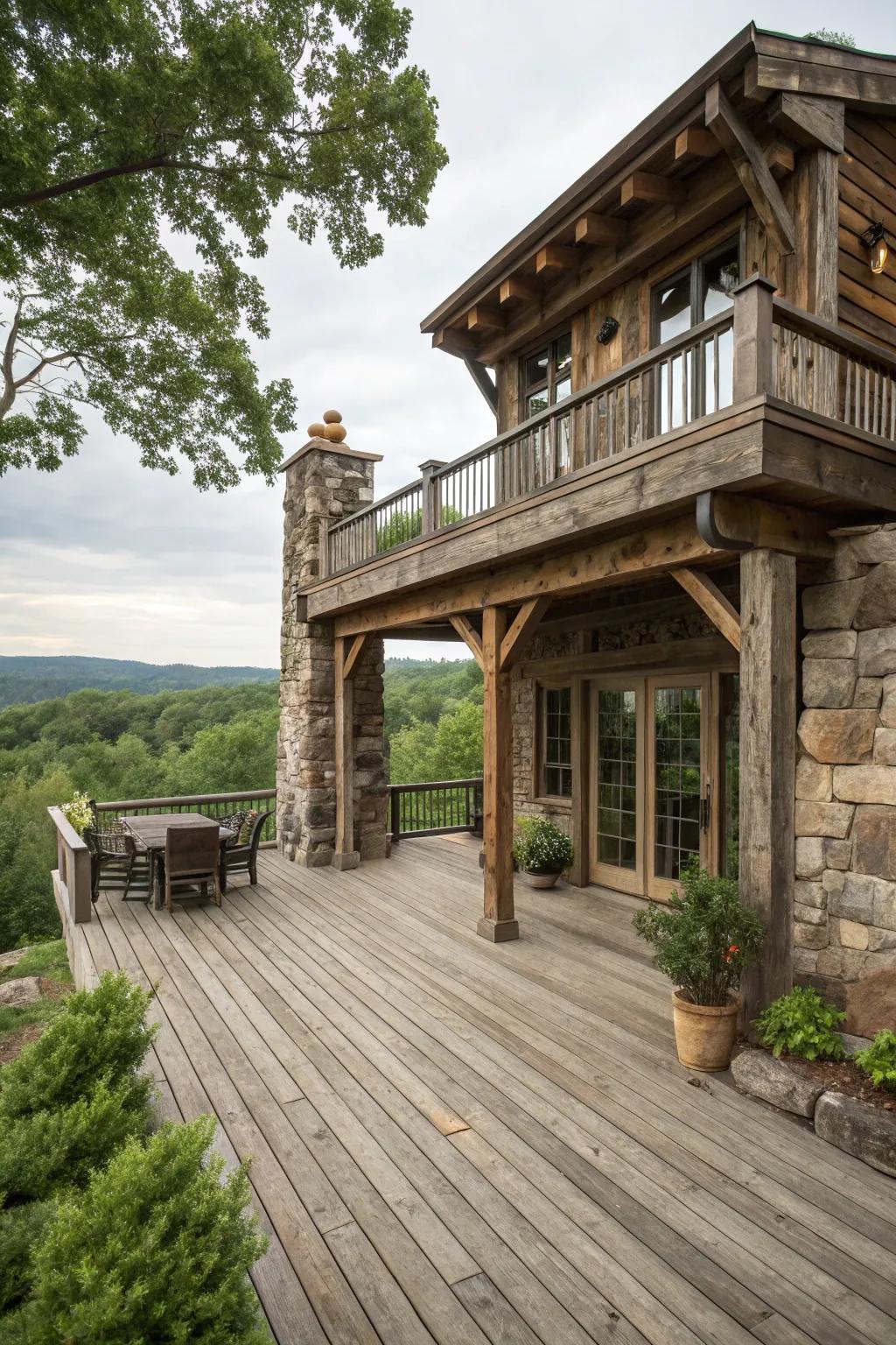 A deck with rustic charm, featuring natural materials for a cozy retreat.