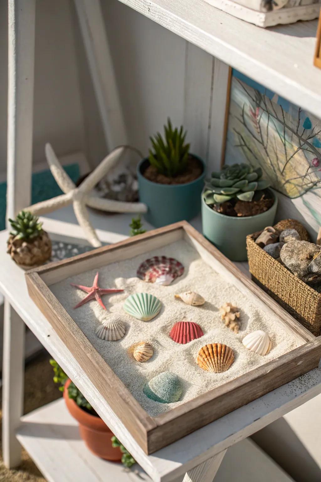 A seashell maritime shadow box with coastal charm.