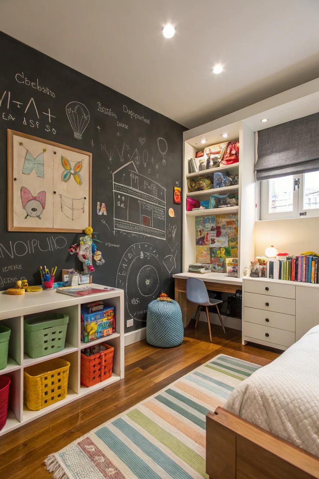 A chalkboard wall invites creativity in this shared space.