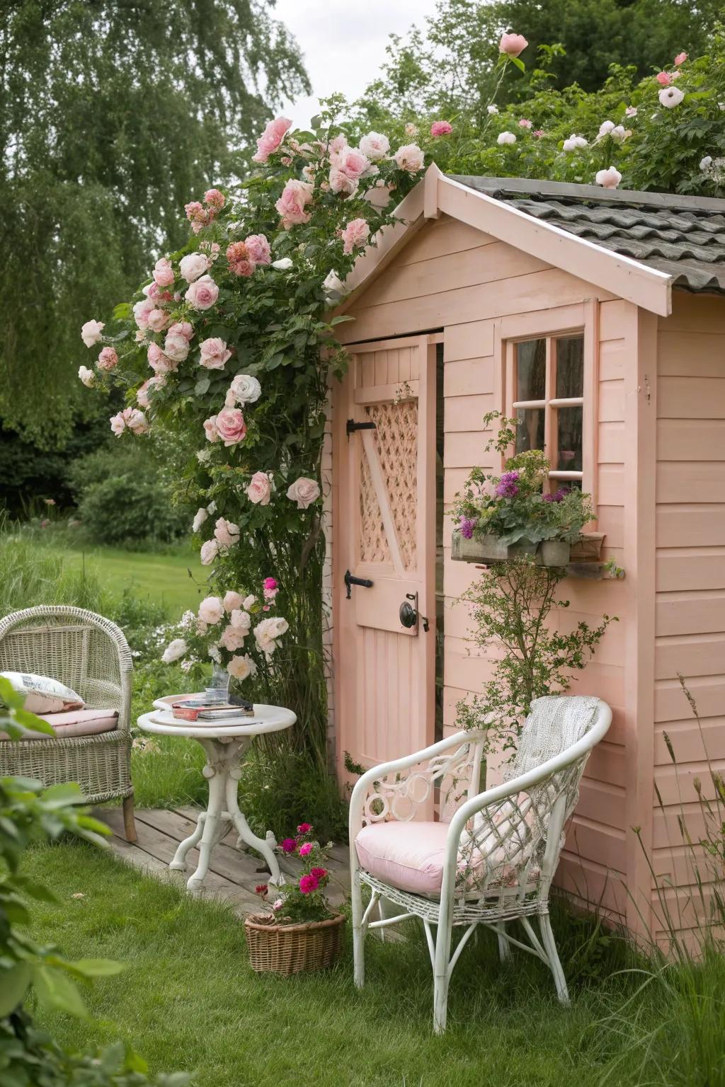 Peachy pink sheds evoke a romantic and cozy garden atmosphere.