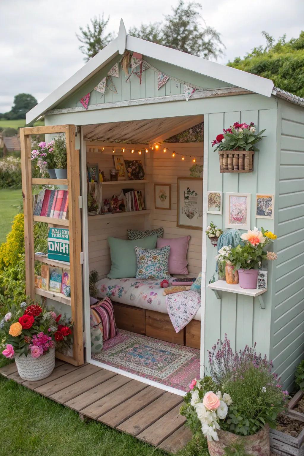 A garden shed turned into a cozy she shed sanctuary.