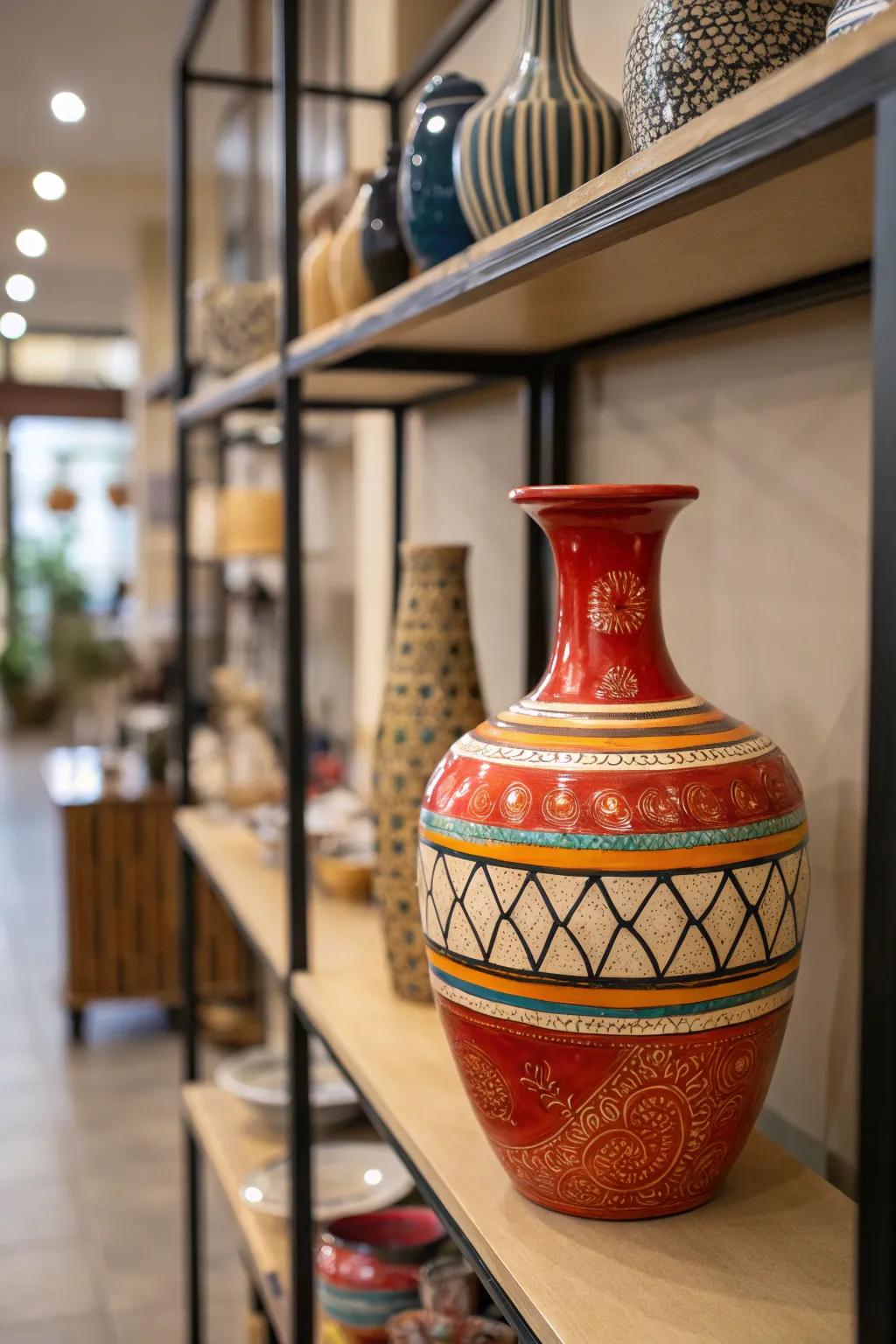 A bold vase acts as a focal point, making the shelf stand out.