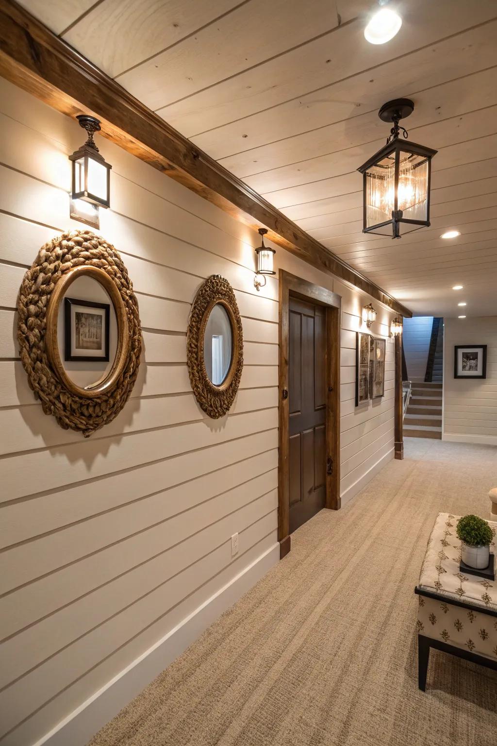 A bright basement with shiplap walls and mirrors to enhance light.