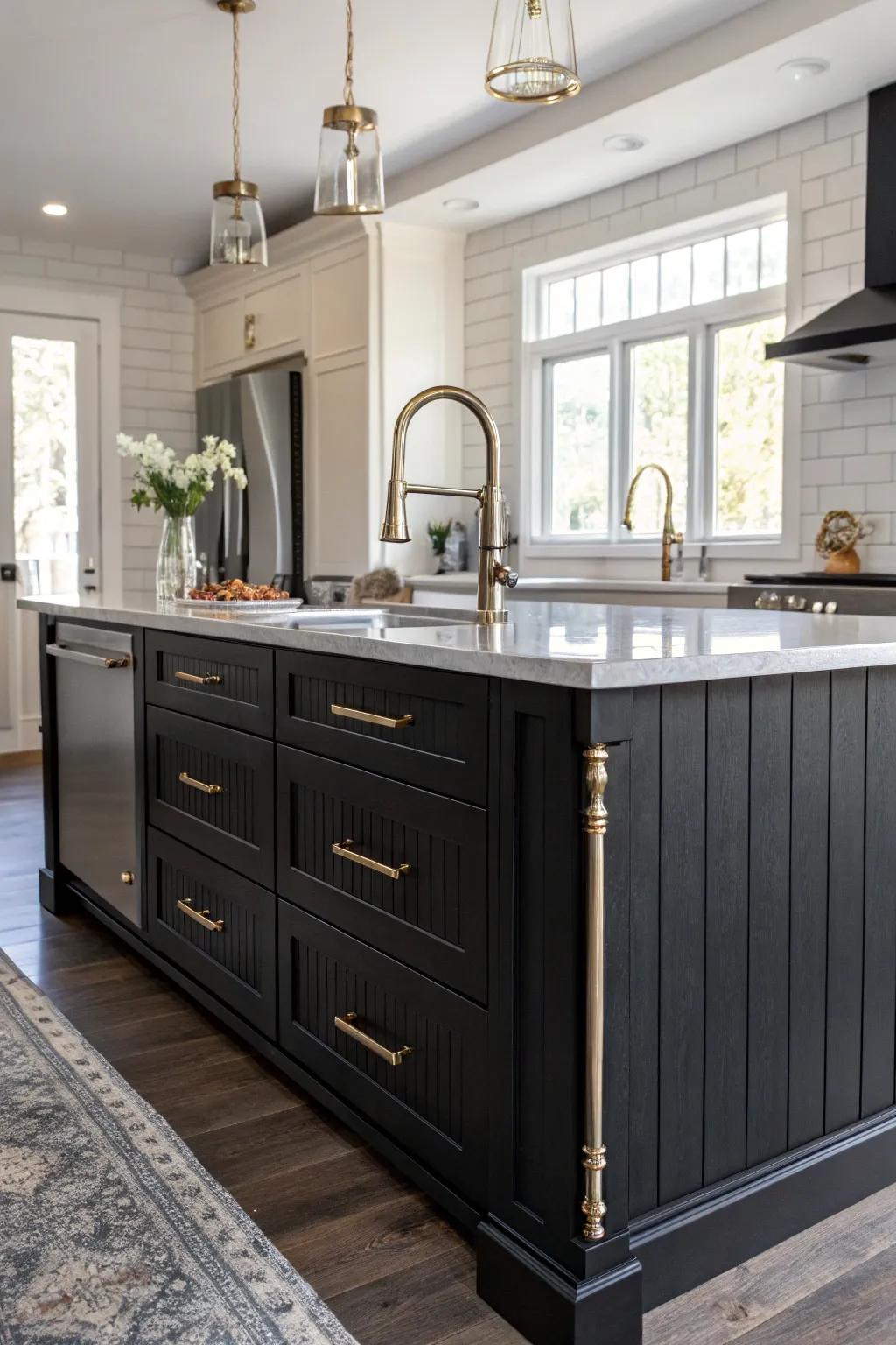 Elegant black shiplap island with stylish metallic touches.