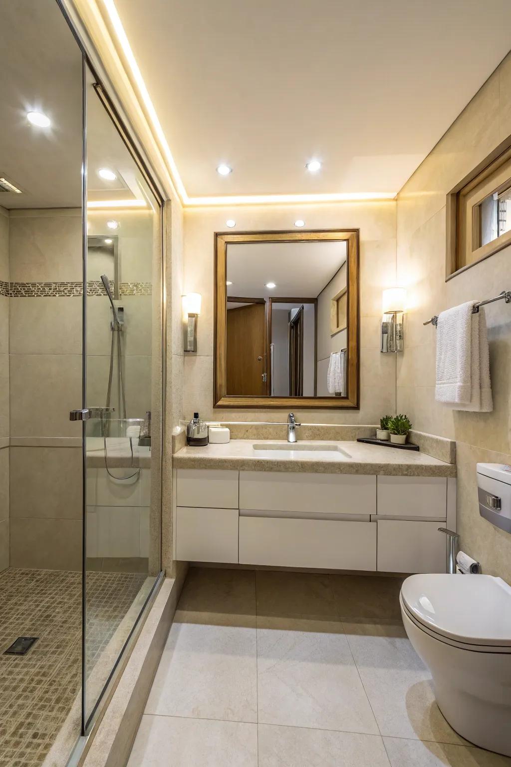 Mirrors amplify light and space, perfect for compact bathrooms.