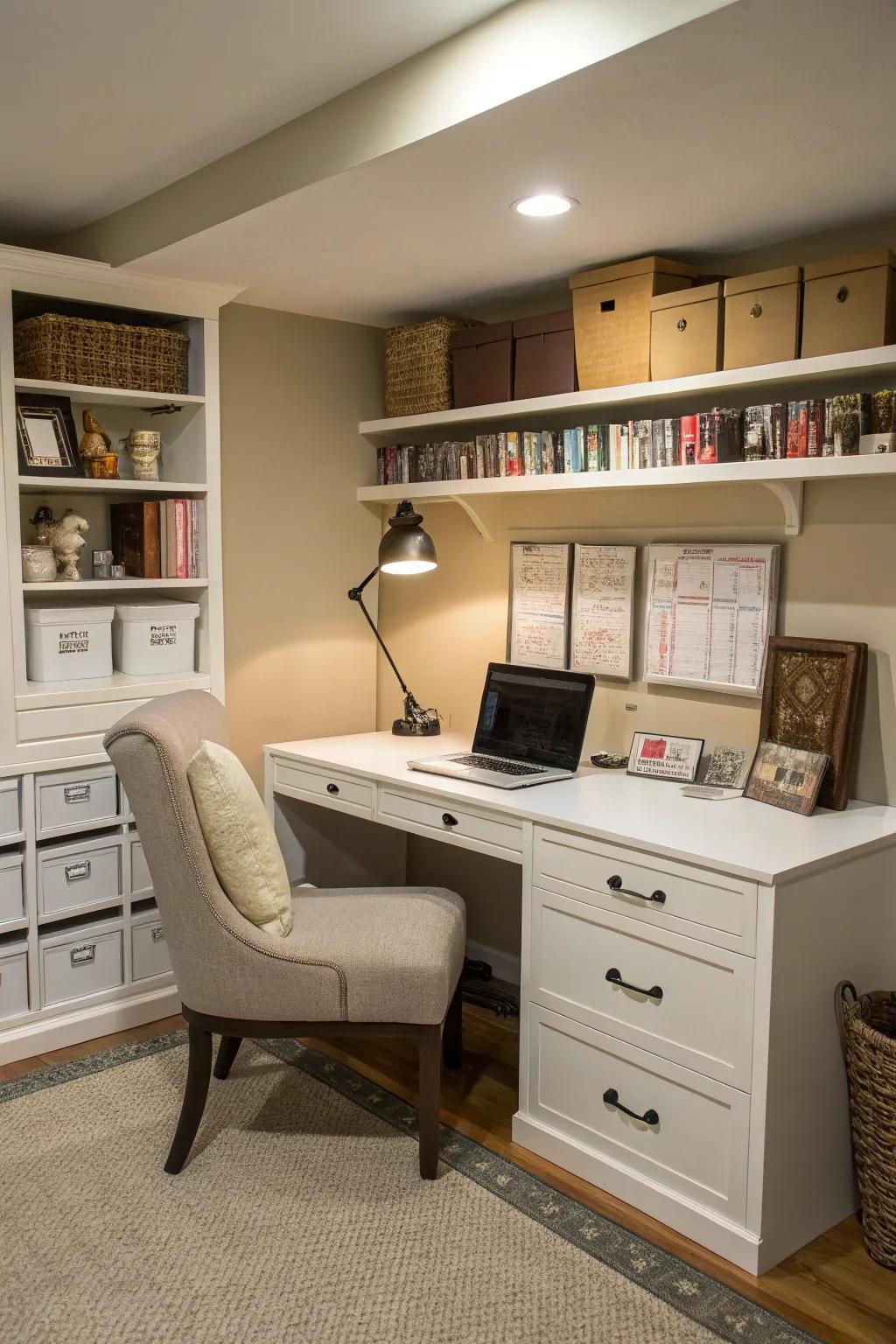 A basement office offers a quiet space for focused work.