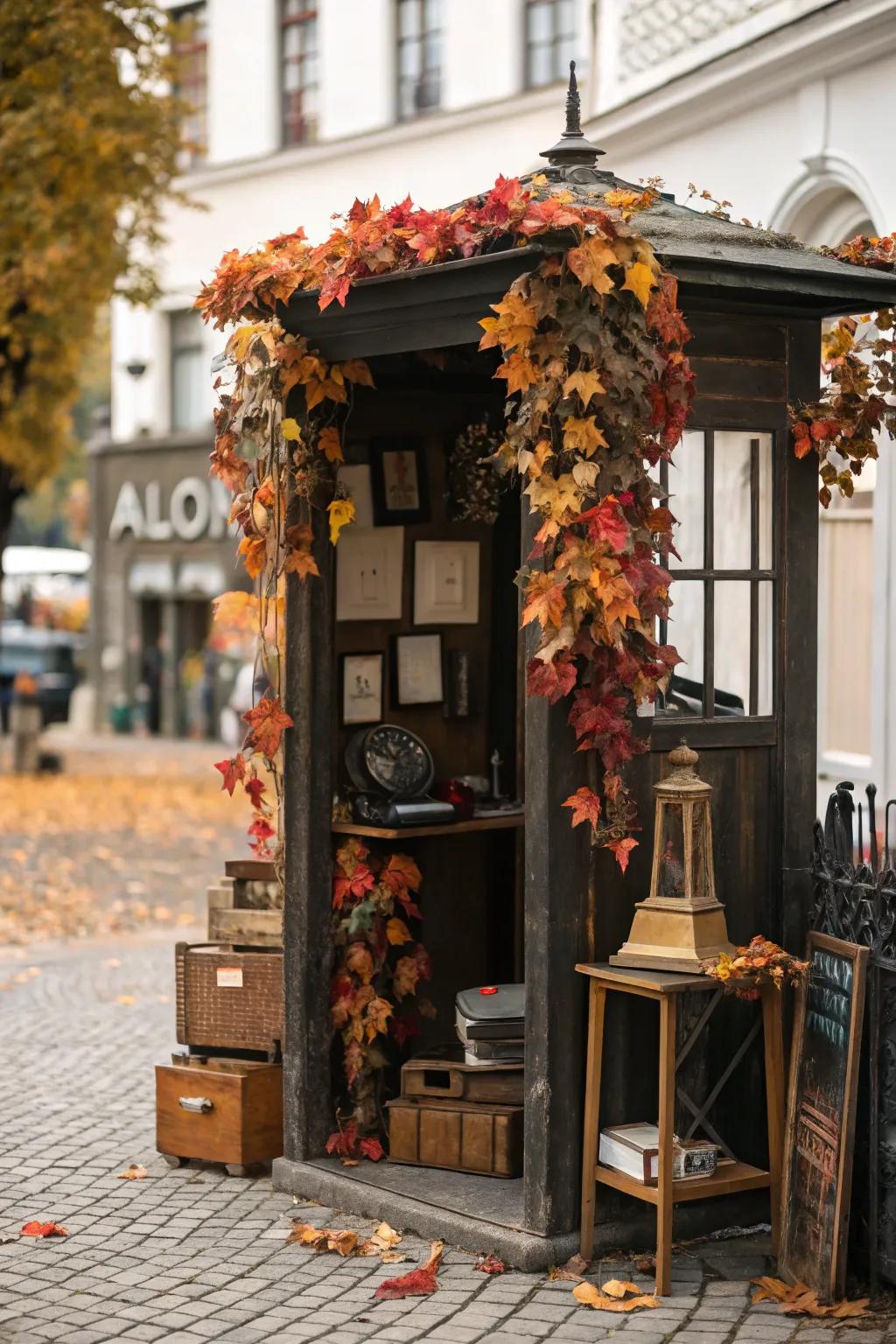 Seasonal decor of autumn leaves keeping the booth fresh