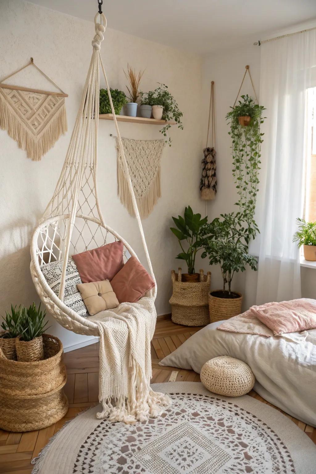 Unexpected elements like a hanging chair add a wow factor to this boho bedroom