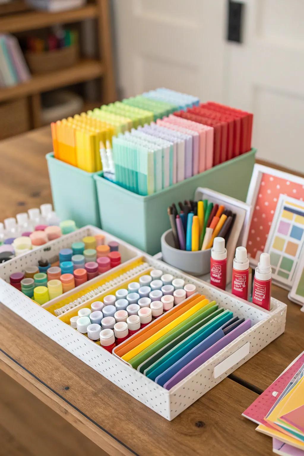 Color-coding supplies can enhance organization and add vibrancy to your space.