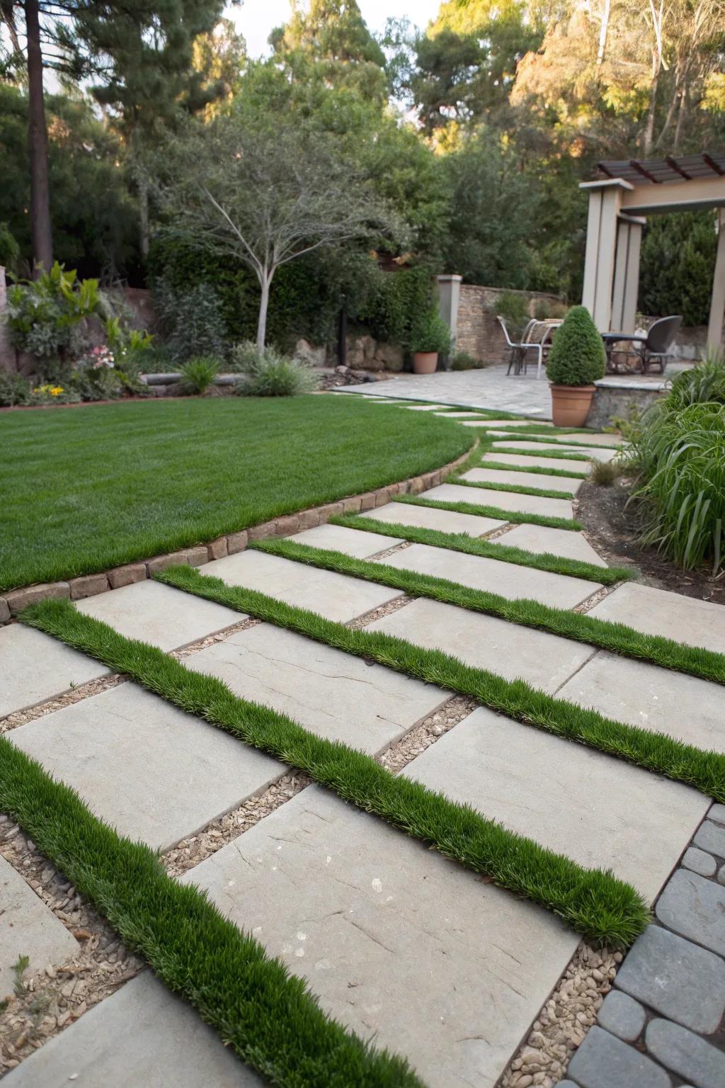 A chic walkway with artificial grass between pavers.