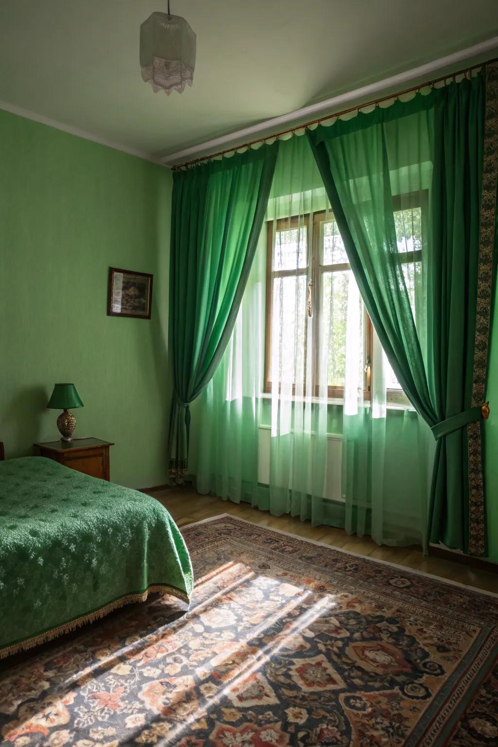 Green textiles add color and texture subtly.