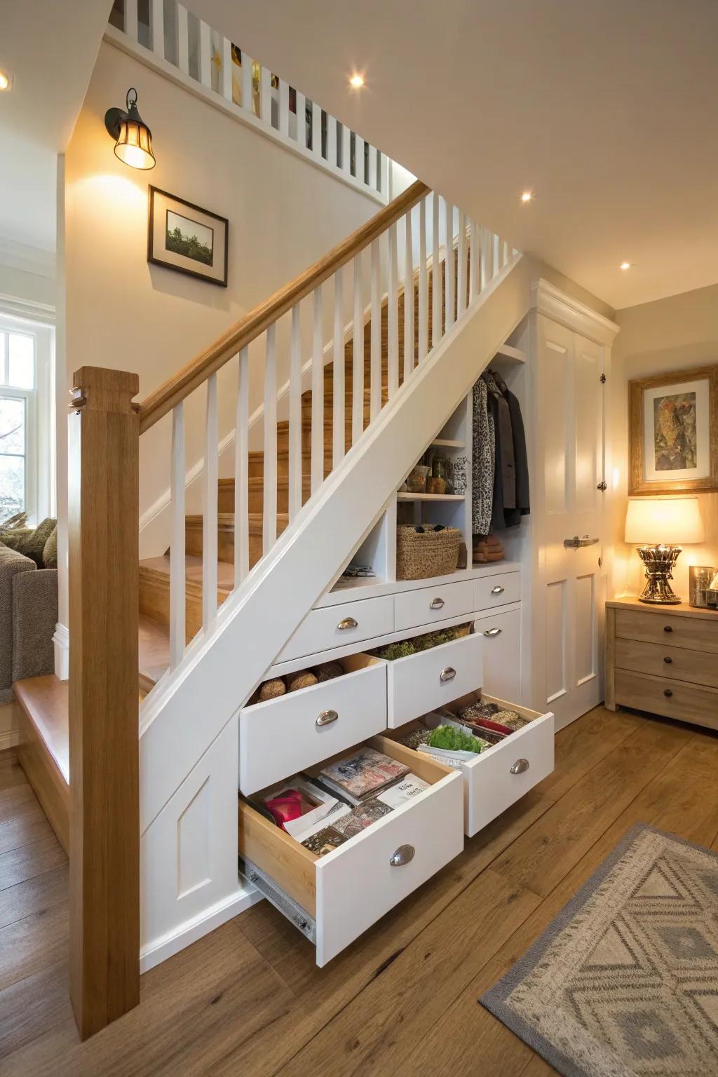 Under-stair storage makes use of every inch of space.