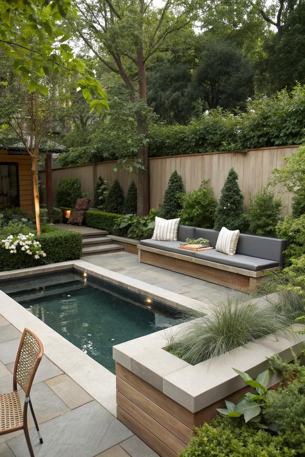 Built-in benches provide stylish seating and enhance the pool's design.