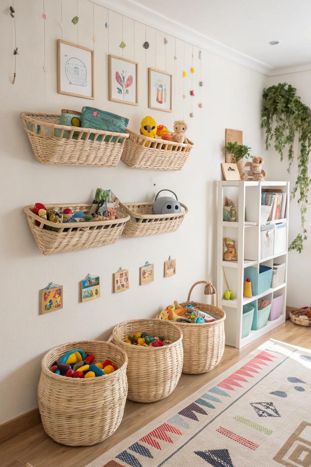 Wall-mounted baskets for charming toy storage.