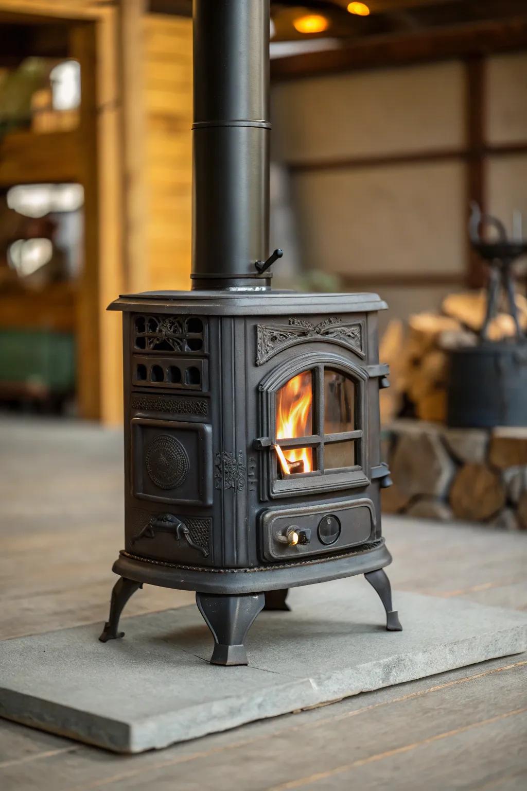 A compact cast iron stove offers durability and timeless elegance.