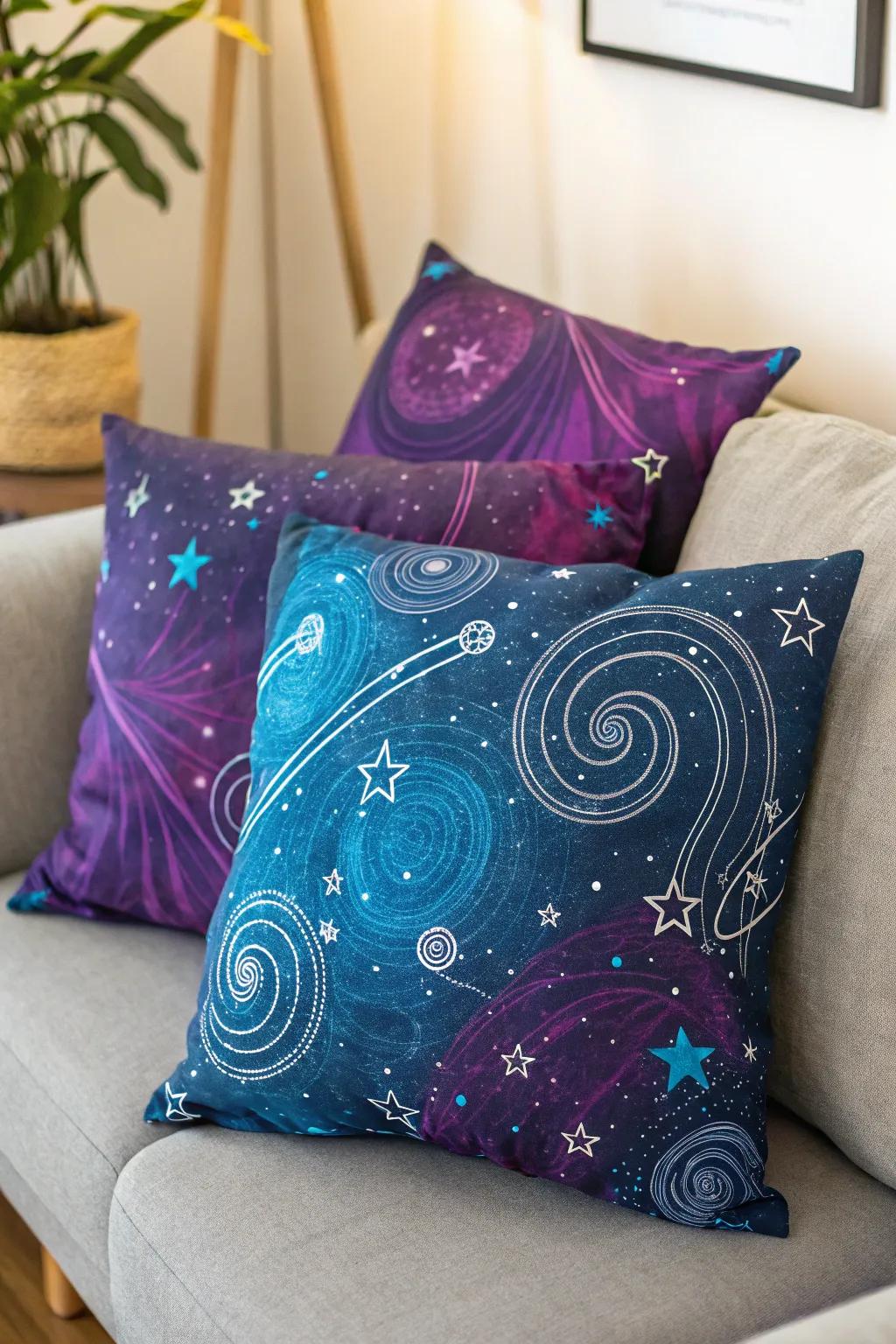 Galactic throw pillows add comfort and a touch of space to your seating.