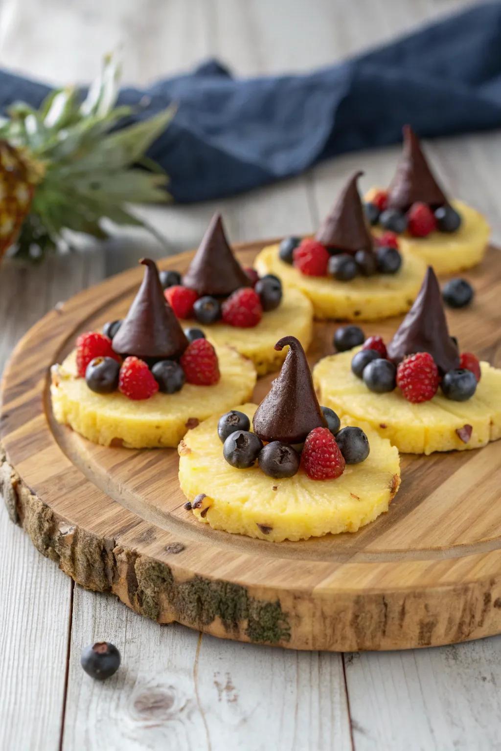 Witch hat pineapple slices conjuring up some Halloween magic.