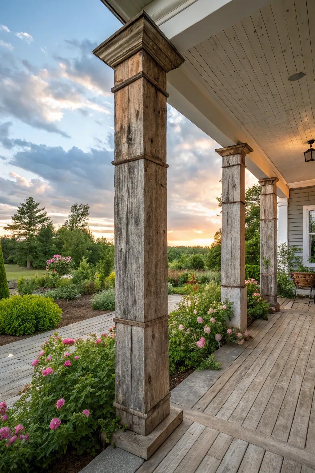 Reclaimed wood square columns bring rustic charm and character.