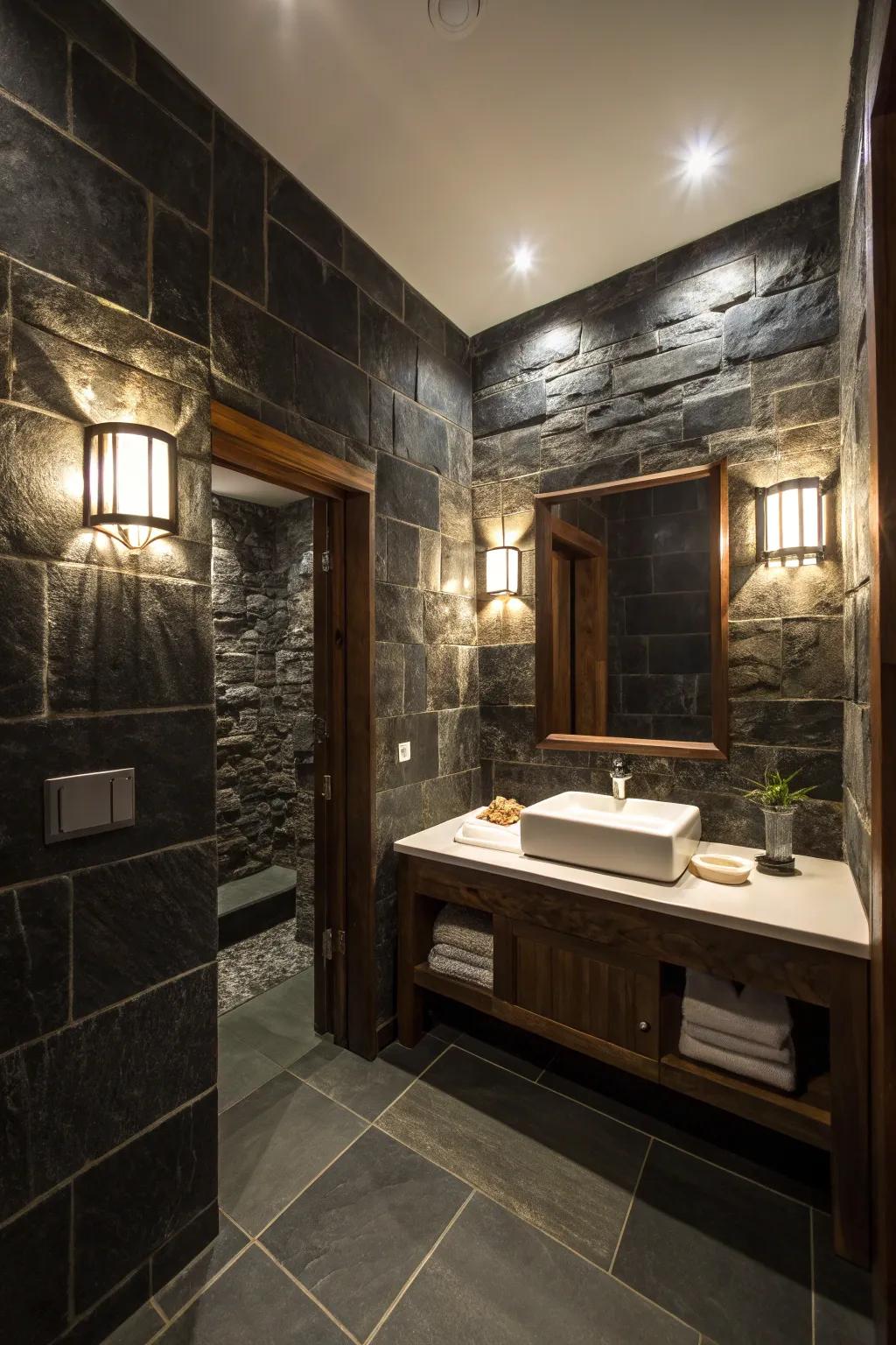 A bathroom featuring dark stone walls contrasted by light fixtures for a dramatic effect.