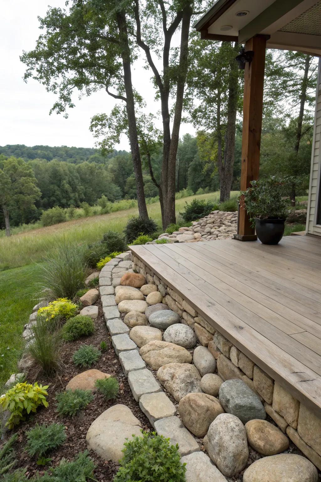 A tranquil deck with skirting that seamlessly integrates into the natural surroundings.