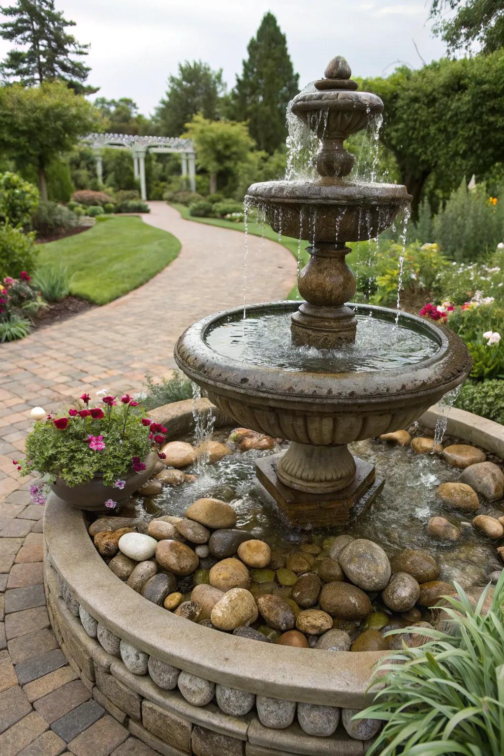 Decorative stones adding texture to a garden fountain.