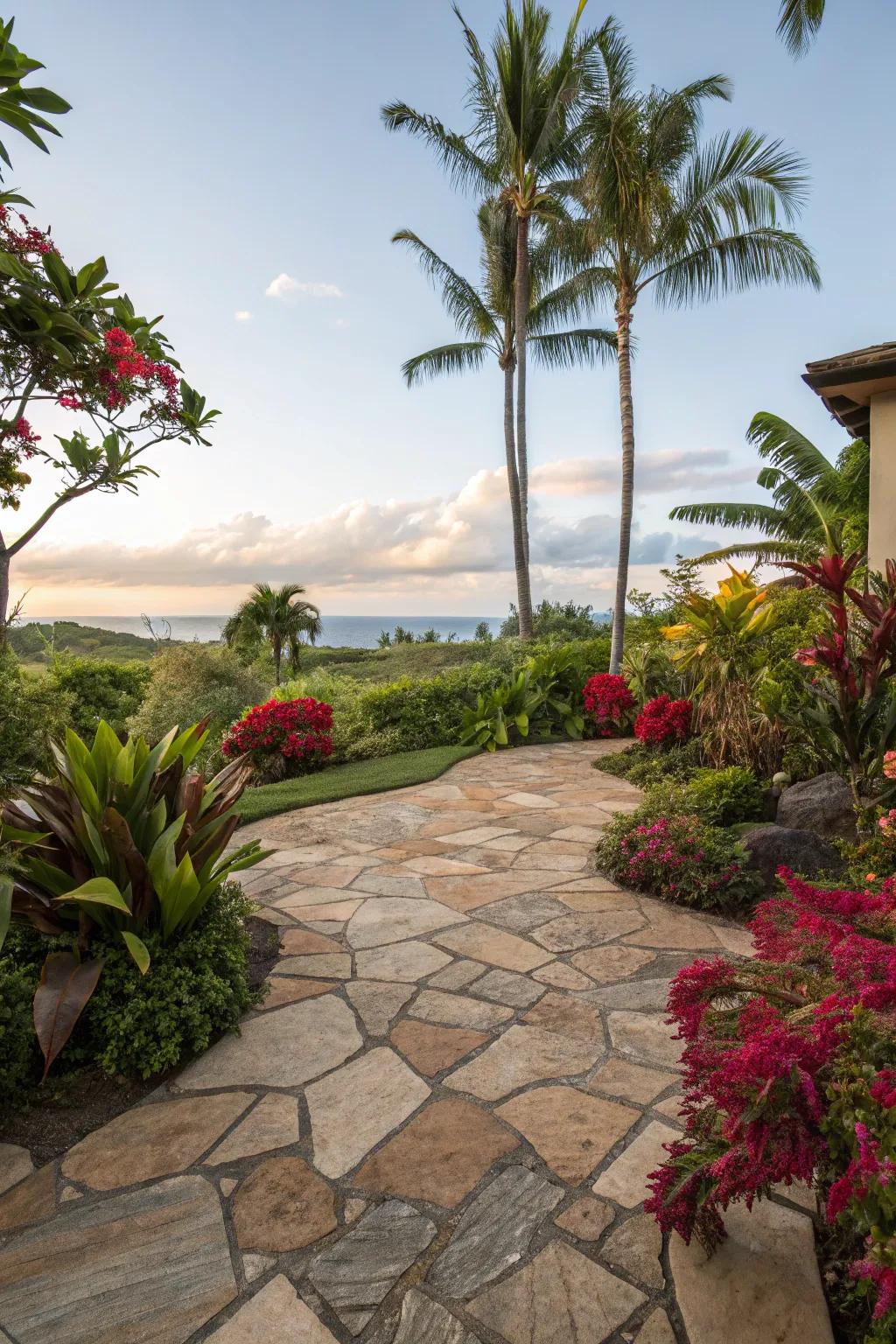 A stone patio with a tropical oasis atmosphere.