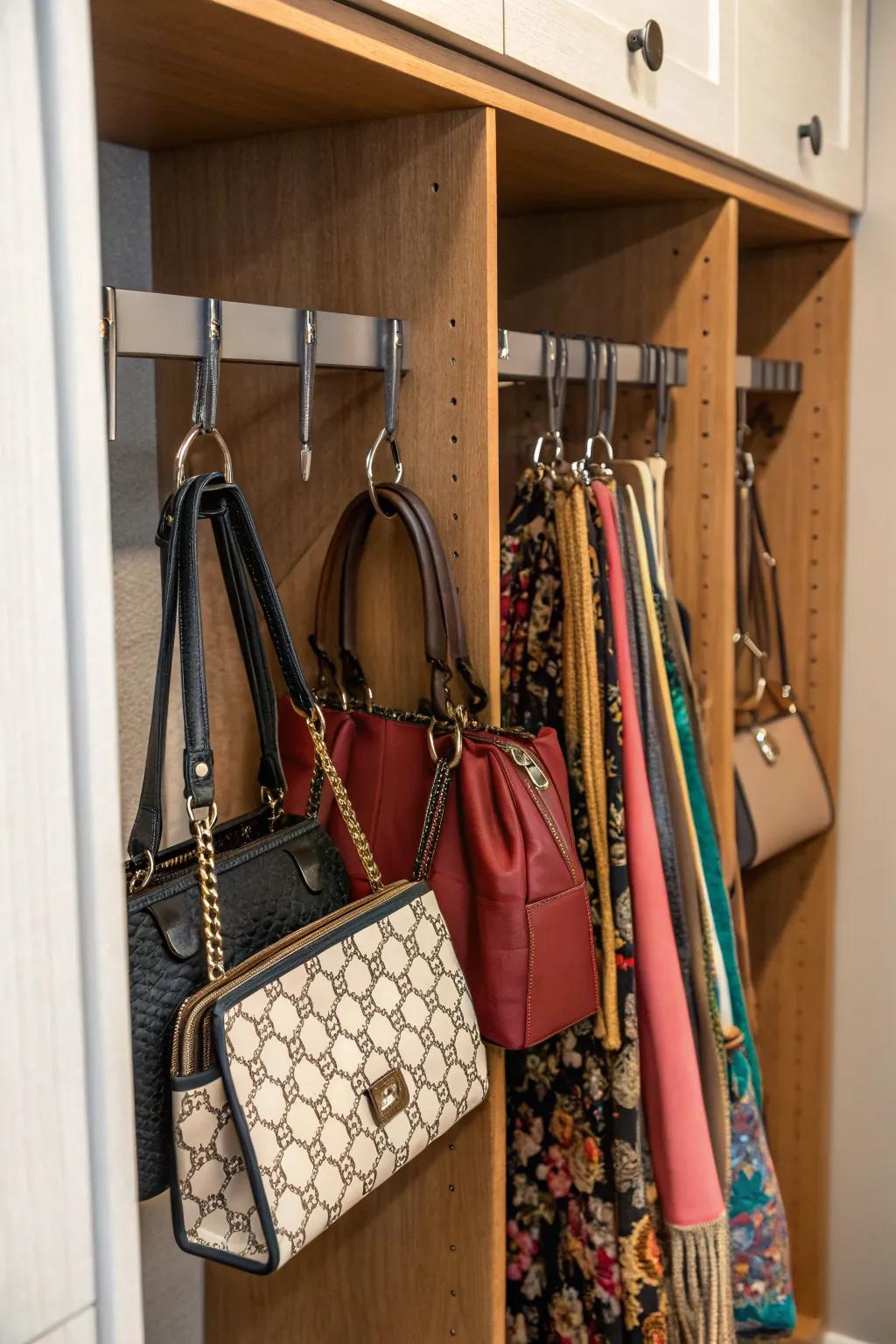 Hooks on a closet side storing purses.