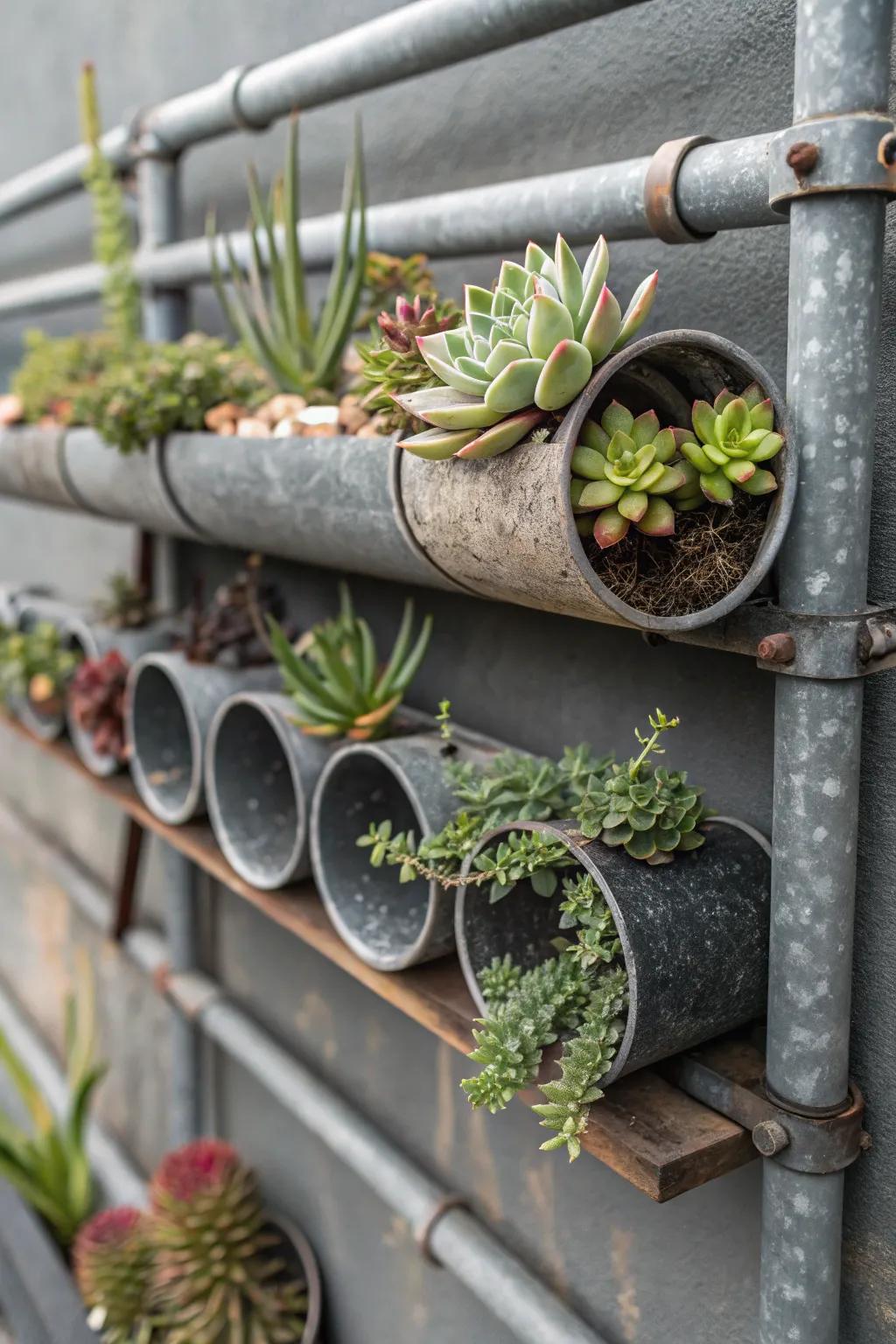 Industrial pipe planters offer a bold, edgy look for succulents.