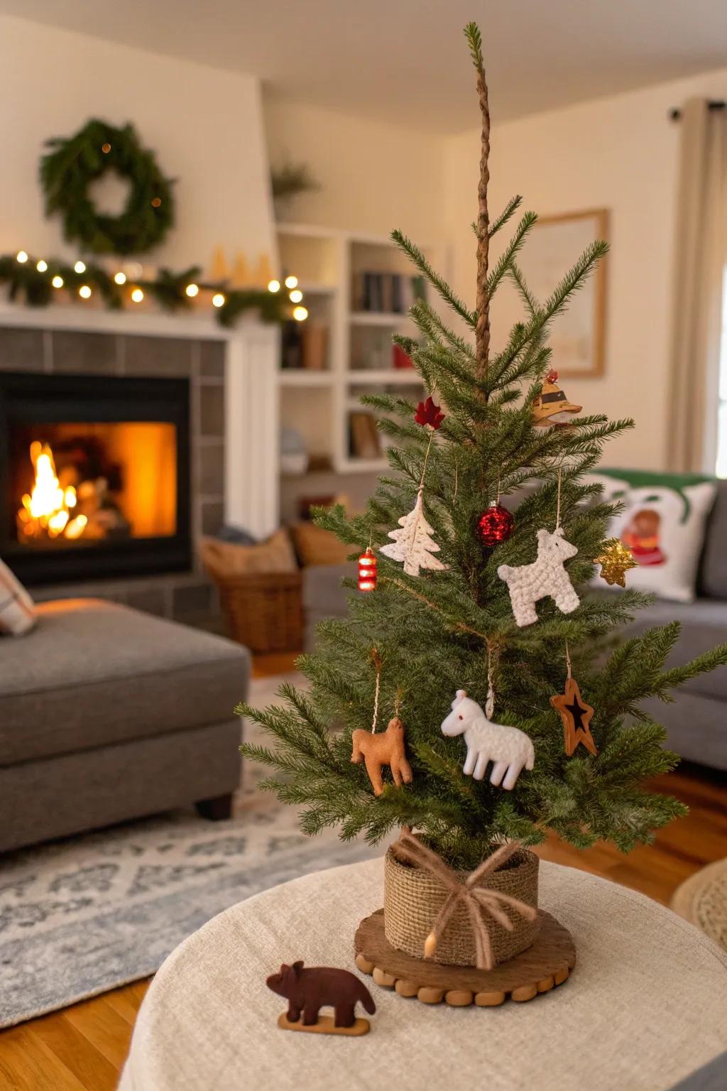 A playful woodland-themed tabletop Christmas tree.